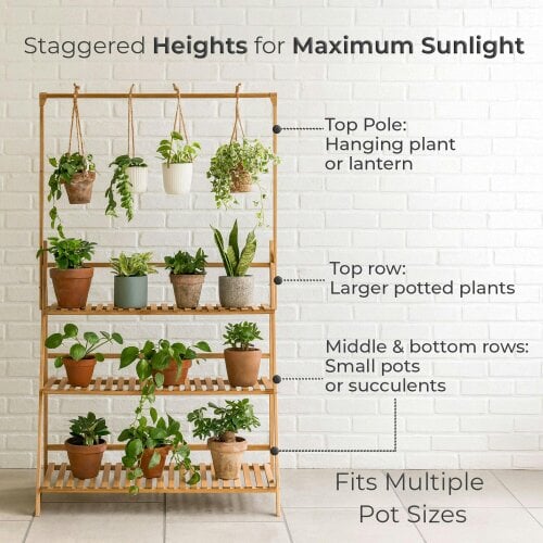 Neo 3‑Tier Foldable Bamboo Plant Stand with Hanging Hook
