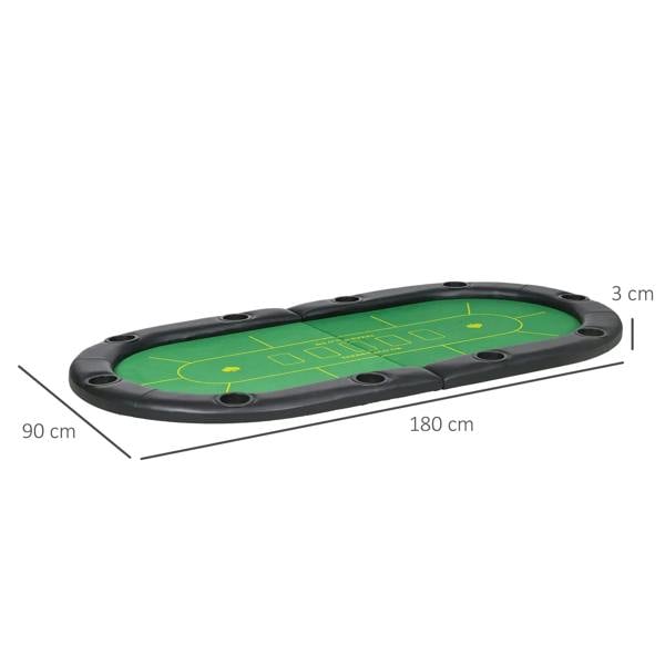 Foldable green poker table top mat with black rim, cup holders, and compact profile