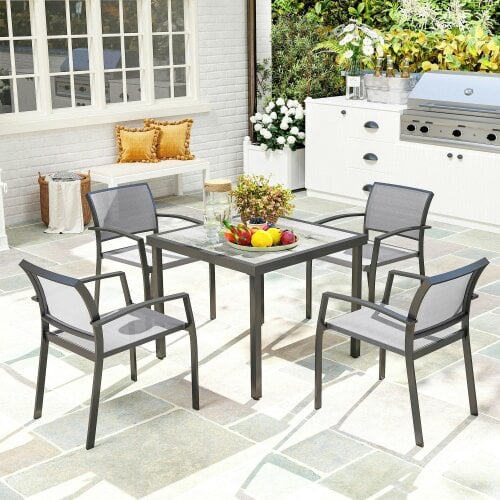Wyld Haus Velo 4 Seatear Grey Mesh and Metal Frame Outdoor Garden Dining Set Arched Back