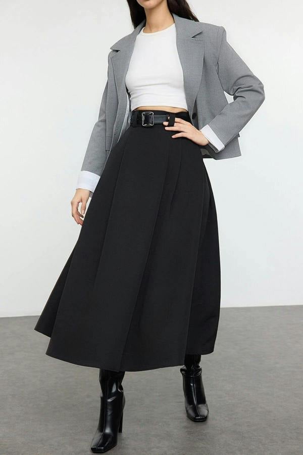 WOVCOR Maxi Length Woven Skirt with Pleated Detail