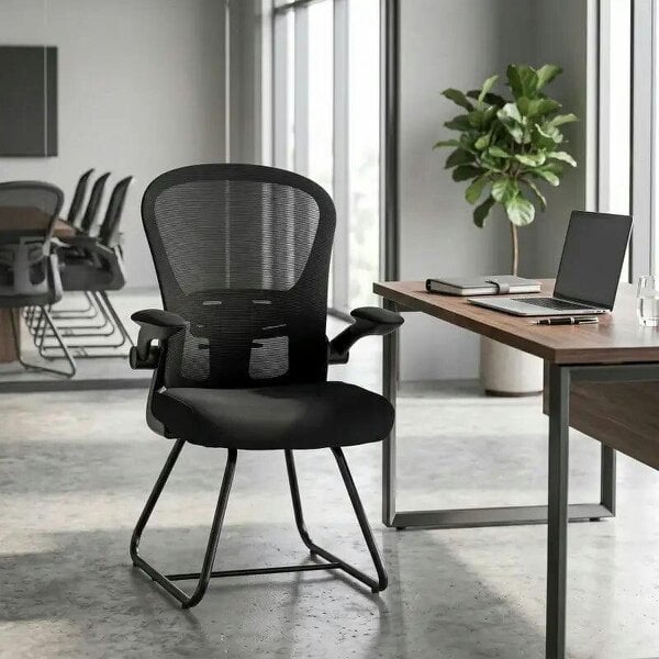 Reception Chair, Conference Meeting Office Chair with Flip-up Armrest, Mesh Backrest, Lumbar Support and Metal Base - Black