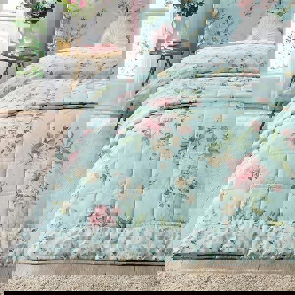 Catherine Lansfield Avebury Floral Reversible Quilted Bedspread Duck Egg Blue