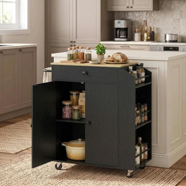 Rolling Kitchen Island with 3-Tier Spice Rack, Kitchen Storage Cart with Drawer and Towel Rack, Black