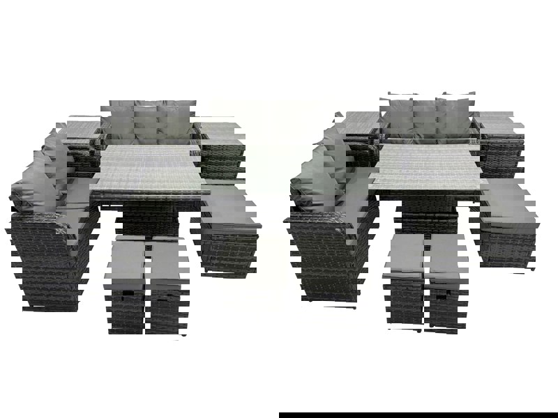 Fimous Rattan Garden Furniture Dining Set 8 seater Patio Height Adjustable Rising Table Sofa Set with 3 Footstools 2 Side Tables Dark Grey Mixed