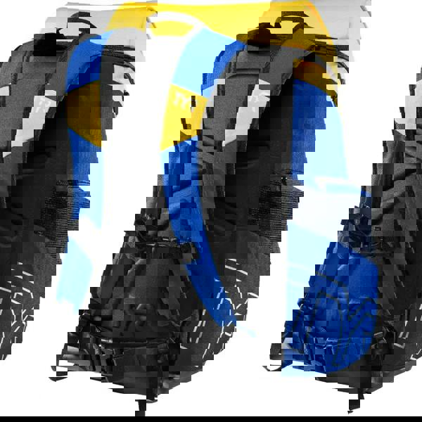 Blue and yellow TYR Alliance Team Backpack 45L with black accents