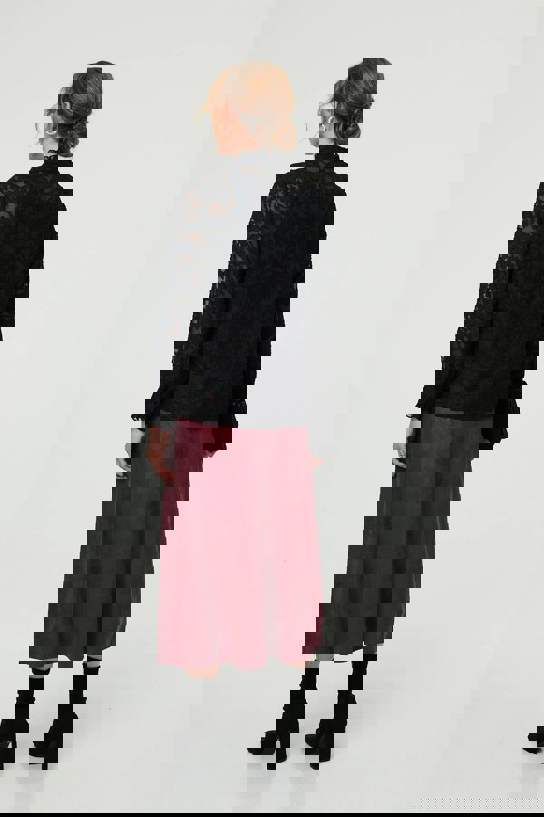 Black | Lace Frill Semi Sheer Long Sleeve Blouse
