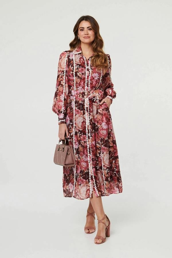Burgundy | Floral Lace Detail Long Sleeve Maxi Dress