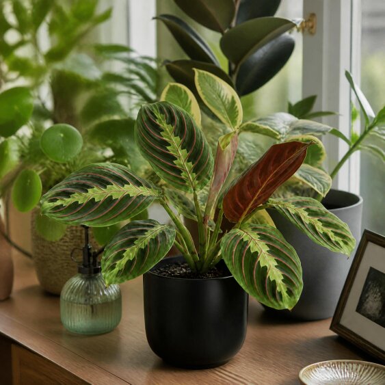 Maranta Leuconeura Prayer Plant 12cm - Beautiful Tricolour Indoor Foliage - Matt Black Ceramic Pot - 1