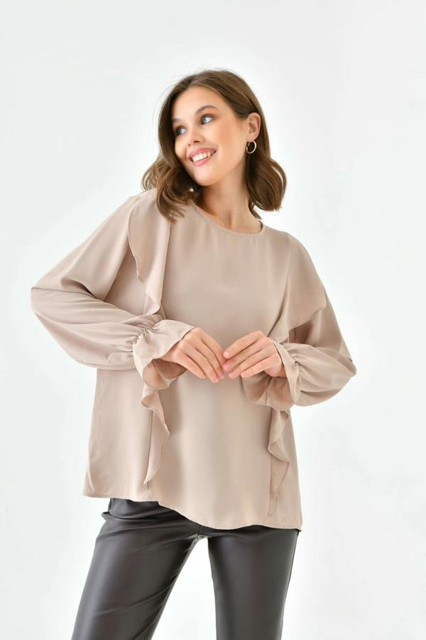 Hoxton Gal Oversized Frilled Front Blouse with Detailed Cuffs in Beige