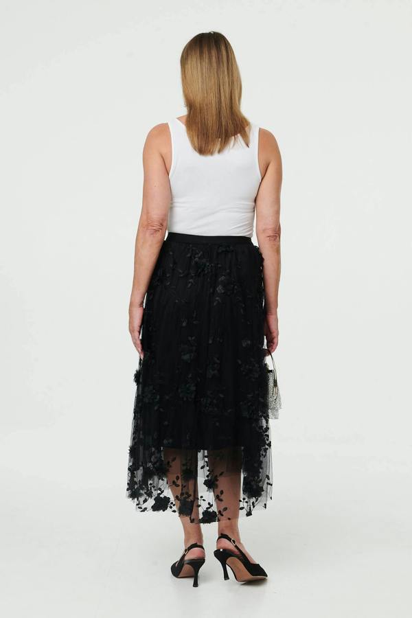 Black | Semi Sheer Embroidered Mesh Midi Skirt