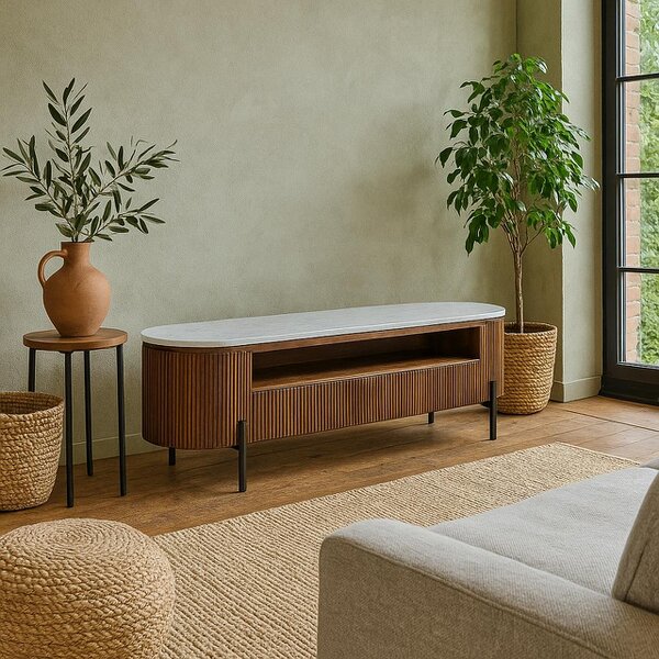 Wyld Haus Alabama Marble Top and Ribbed Mango Wood TV Unit With Drawers