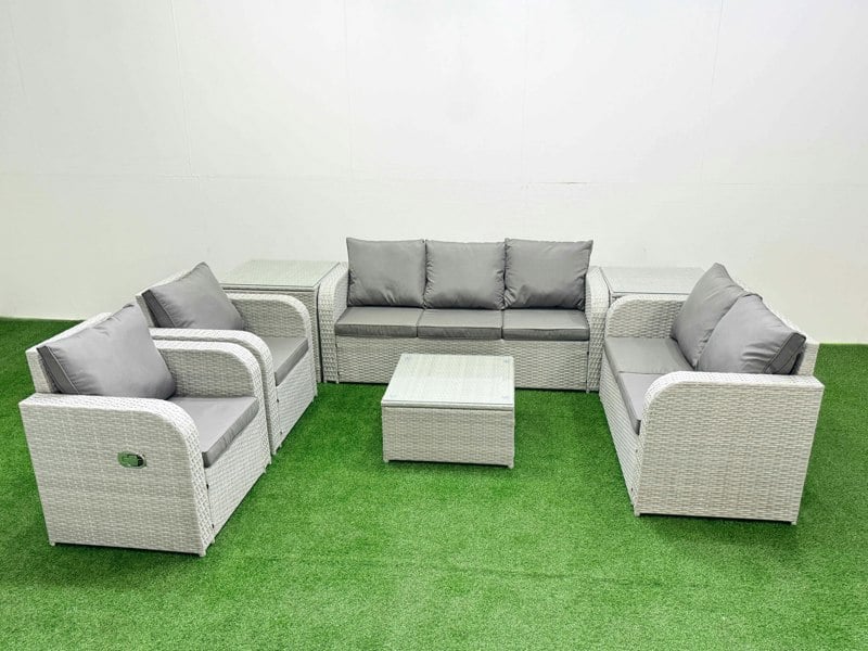 Fimous PE Rattan Garden Furniture Set Adjustable Chair Sofa Double Love Seat 2 Seater Sofa Lounge Set Square Coffee Table 2 Side Table Light Grey