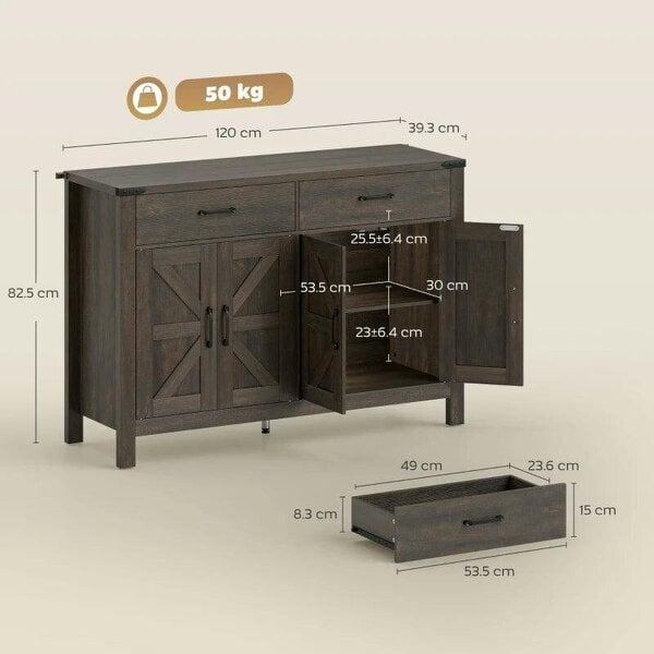 Kitchen Cupboard, Sideboard with 4 Doors, 2 Drawers and 2 Adjustable Shelves for Dining Room, Dark Brown