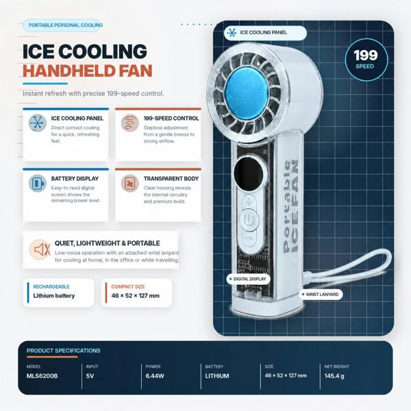 Dyzi Portable Ice Cooling Handheld Fan 199 Speed USB Rechargeable