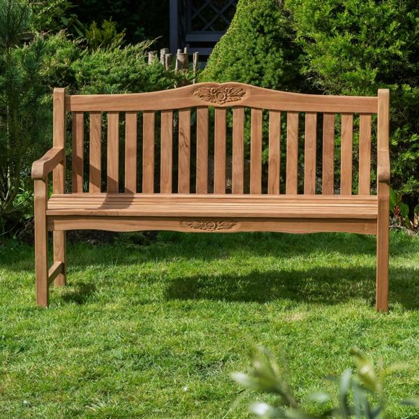 The Garden Marketplace Solid Teak 3 Seater Garden Bench with Flower & Leaf Carvings