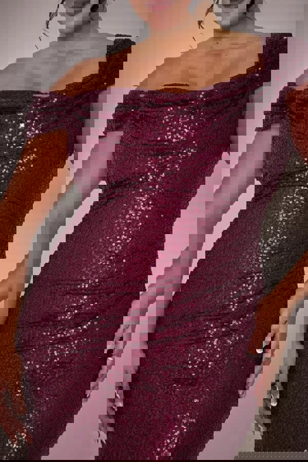 Cap Sleeve Iridescent Sequin Cowl Maxi Dress - Burgundy Red DR4633PLUS