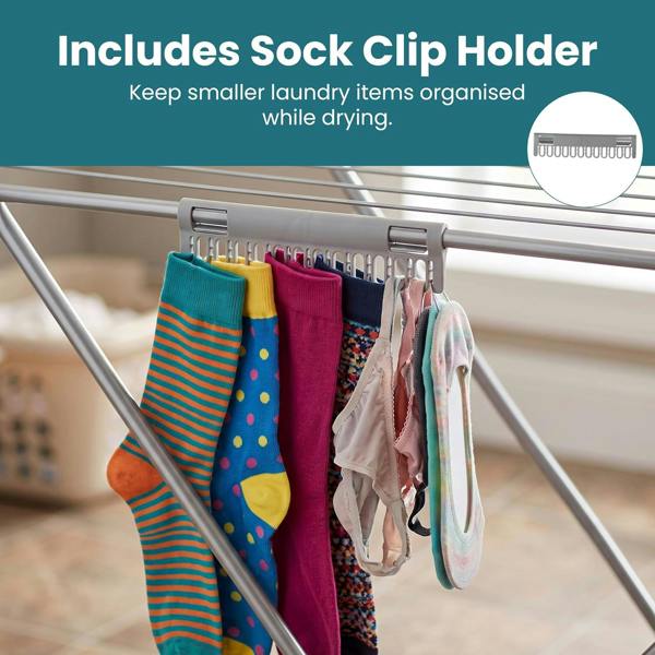 Laundry Mate Extendable Clothes Airer with Sock Clip 18M Drying Space Clothes Horse with Non-Slip Feet - Winged Foldable Laundry Rack