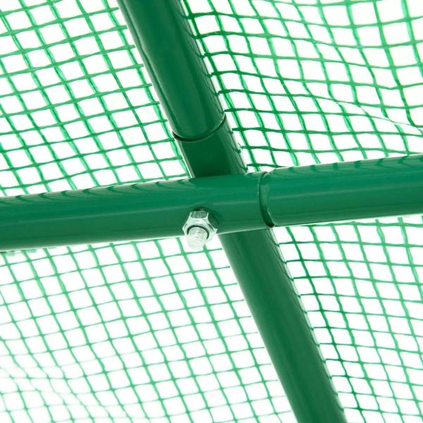 Green polytunnel greenhouse frame corner joint with netting mesh