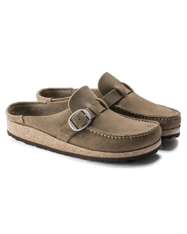 Birkenstock Buckley Suede Leather Womens Mule Moccasins - Grey Taupe - CHO - Designer Womens Shoes