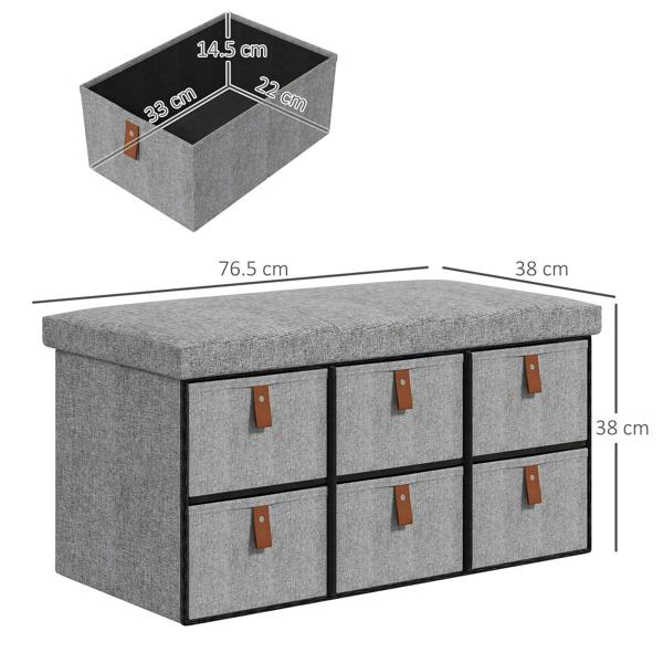 Light grey shoe storage bench with cushioned top and six fabric drawers, black frame