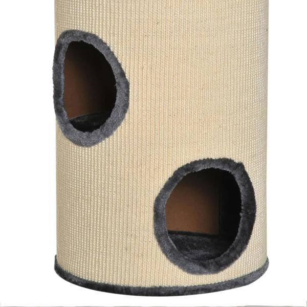 Beige sisal cat scratching barrel with two oval dark plush openings and round base trim