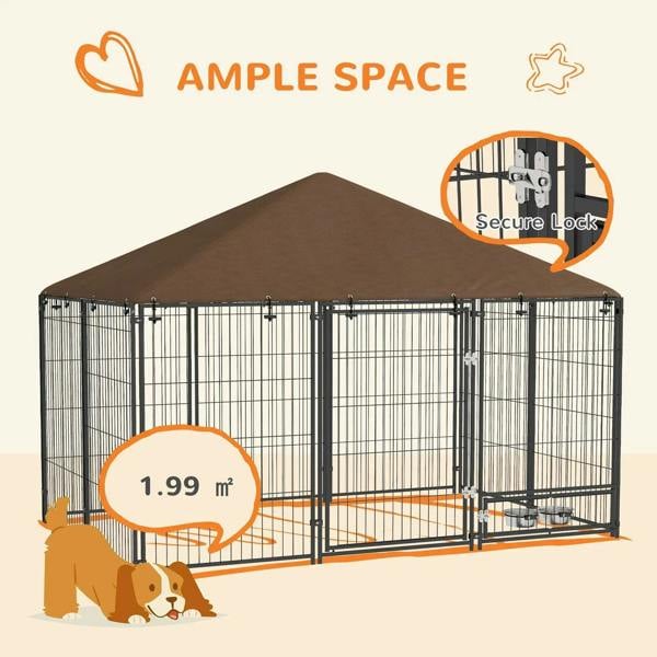 Outdoor dog kennel playpen with brown canopy, black wire panels, secure-lock door
