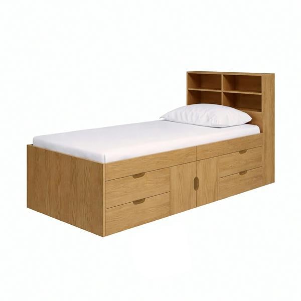 Kudlhome Multi Drawer Single 3ft Cabin Bed with Bookcase Headboard, Oak Effect