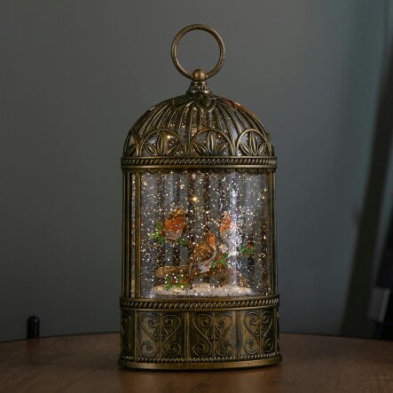 Samuel Alexander 24cm Dual Powered Light up Christmas Cage Water Spinner with Robin Scene & LEDs