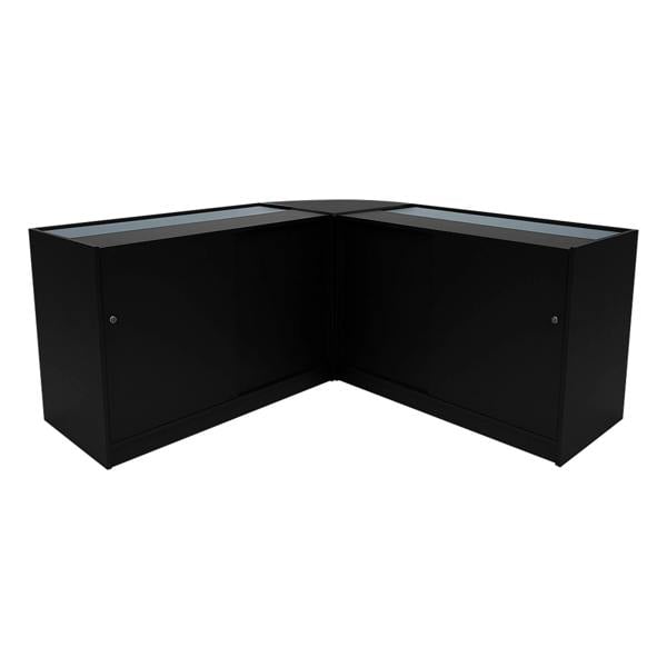 Black Calliope LED shop counter set featuring sleek design, glass display tops, and spacious storage cabinets for retail use