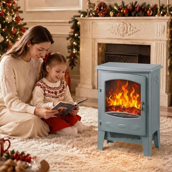Electric Fireplace, Freestanding Electric Fire with Realistic Flame Effect, Log Burner, 1000W/ 2000W, Grey