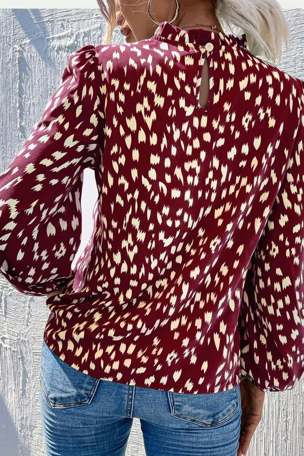 FS Collection Animal Print Frill Detail High Neck Top In Wine