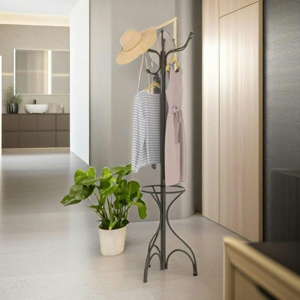 Rafaelo Mobilia Metal Coat Stand With 8 Hooks and Umbrella Holder Black