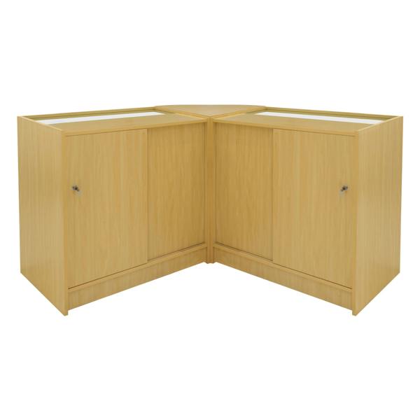 Triton LED Shop Counter Set in maple finish, featuring a sleek corner design with smooth surfaces and sliding doors for storage