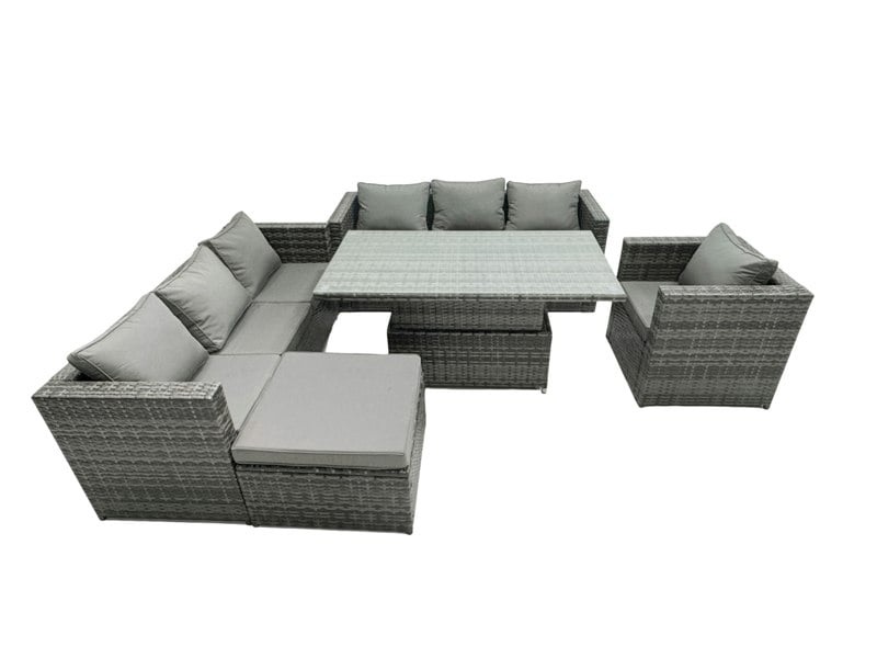 Fimous 8 Seater?Outdoor Rattan Sofa Set Adjustable Rising Lifting Dining Table Side Coffee Table Chairs Footstool Dark Grey Mixed