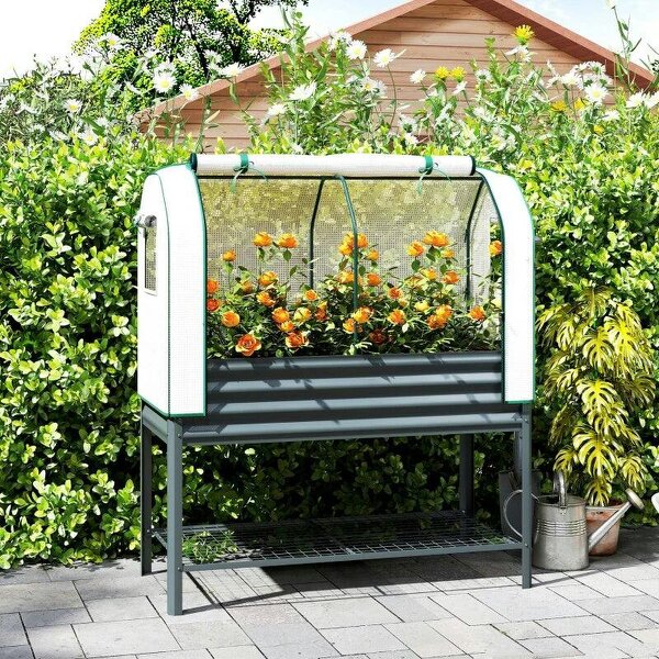 Galvanised Raised Planter with Greenhouse Cover, Metal Raised Garden Bed on Legs with Bed Liner and Bottom Shelf - Dark Grey