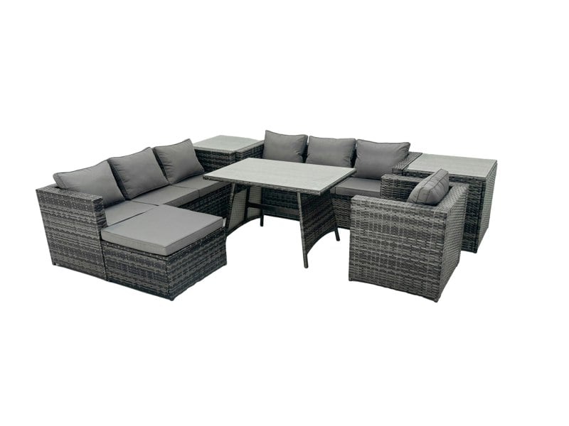 Fimous Rattan Dining Table Sofa Set with 2 Side Table Big Footstool Outdoor Garden Furniture Set Dark Grey Mixed