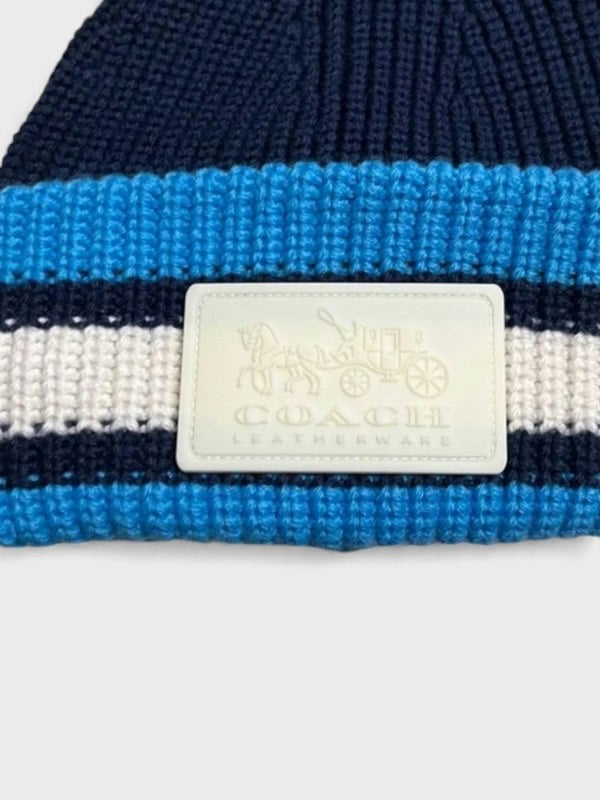 Coach Ribbed Knit Varsity Stripe Patch Beanie Navy Blue