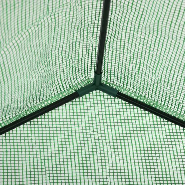 Green PE mesh greenhouse corner with steel frame base and black corner joints