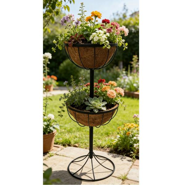 Gr8 Garden 2 Tier Flower Fountain Planter With Coco Liners Metal Outdoor Garden Decor Patio
