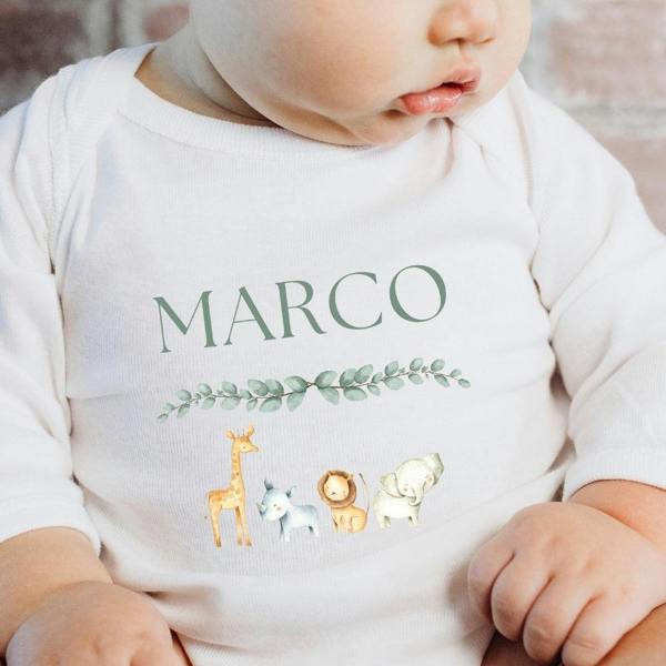 Personalised Safari Animals Baby Grow, Vest or Bib with Name