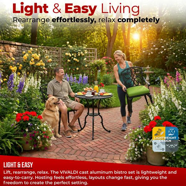Centurion Supports VIVALDI Black 3-Piece Cast Aluminium Garden Bistro Set - with Green Cushions