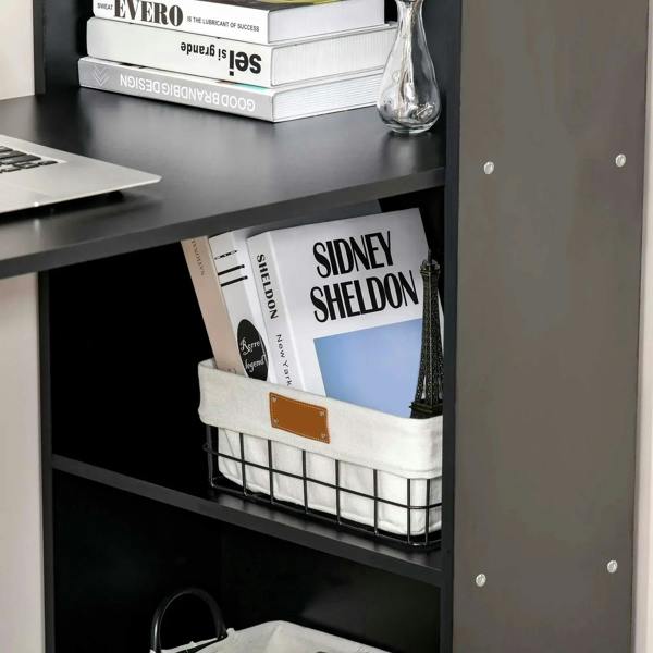 Black desk side shelf with open metal wire basket for storing books and items