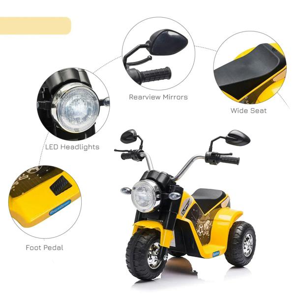 Yellow 3-wheel kids electric motorbike with LED headlights, rearview mirrors, and wide black seat