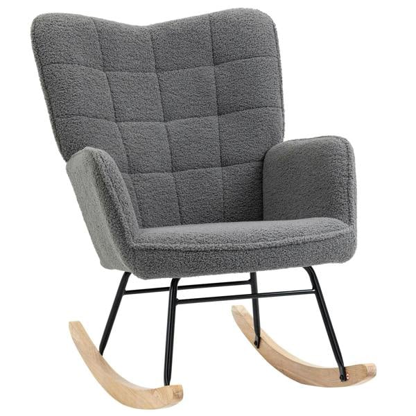 Dark grey Berber fleece nursery glider rocker chair with wingback and rocking base
