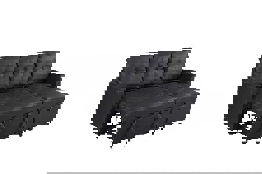 SQUAREBOXX Newport Leather 3 Seater Pullout Sofa Bed in Black with Storage Compartment