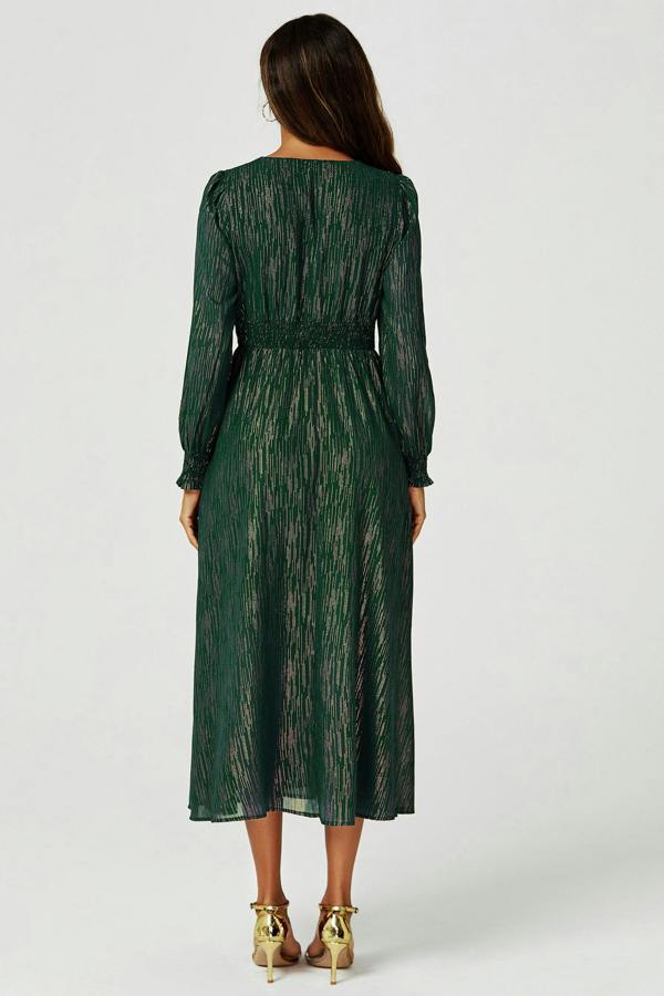 FS Collection Gold Stripe Foil Long Sleeve Maxi Dress In Green