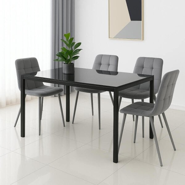 Kosy Koala Modern Black Glass Dining Table Set with 4 Grey velvet Chairs Dining Room Furniture