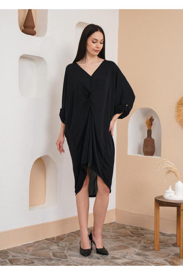 Hoxton Gal Oversized Twist Front Detailed Button Sleeve Mini Dress in Black Glitter