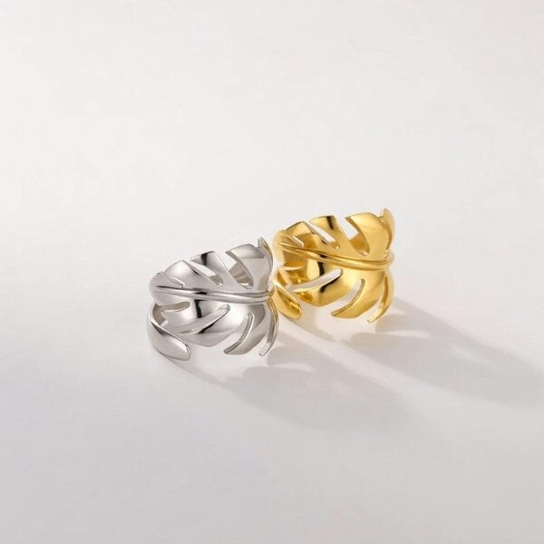 The Colourful Aura Tropical Monstera Plant Leaf Open Statement Gold/SIlver Ring
