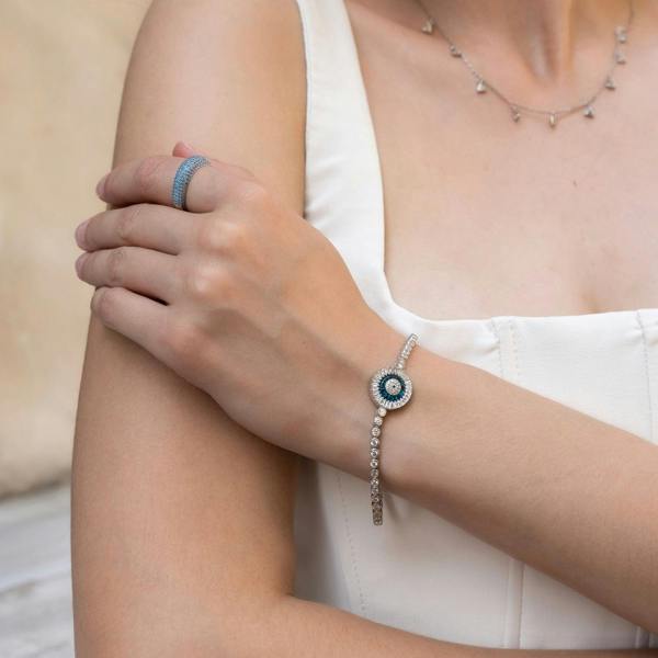 Spero London Round Bezel Evil Eye Sterling Silver Tennis Bracelet
